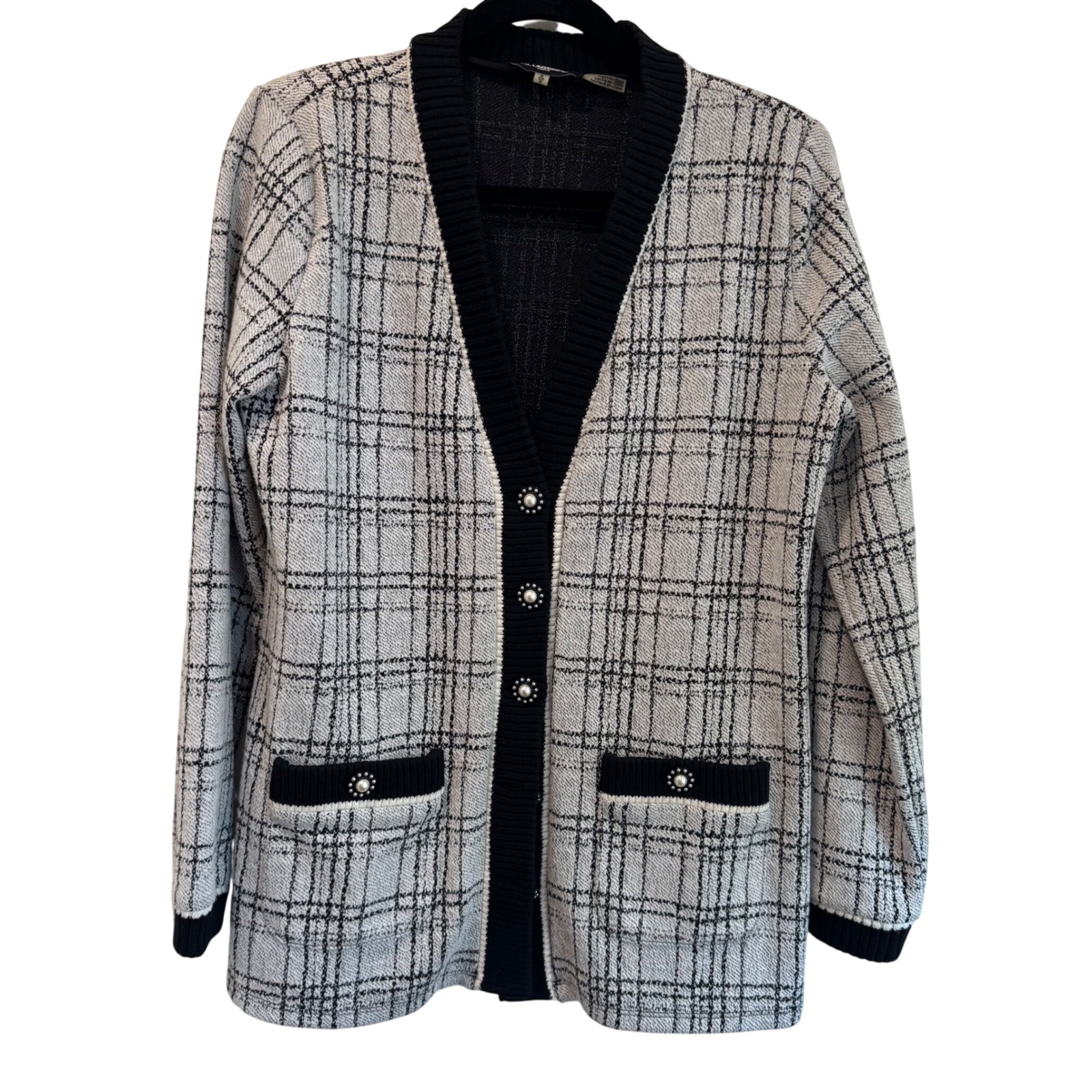 Karl Lagerfeld Paris Womens Plaid Pearl Button Longline Cardigan Sweater Black S